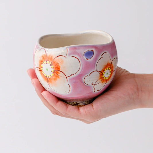 Kutani Ware | Ippuku Tea Bowl | Pink Hana Urara | Kokuzo Kiln