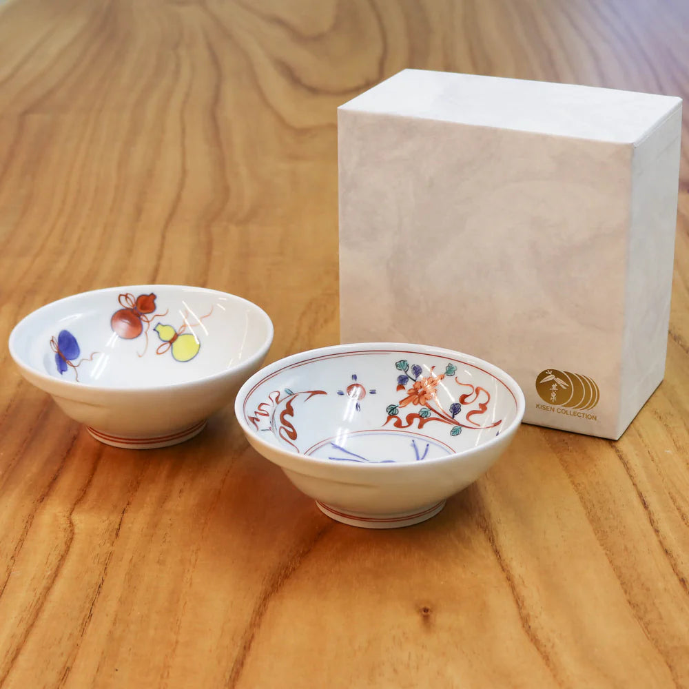Arita Ware | Cacomi Set of 2 Hot Pot Side Bowls | Manreki & Some-Nishiki Six Gourds | Shobido